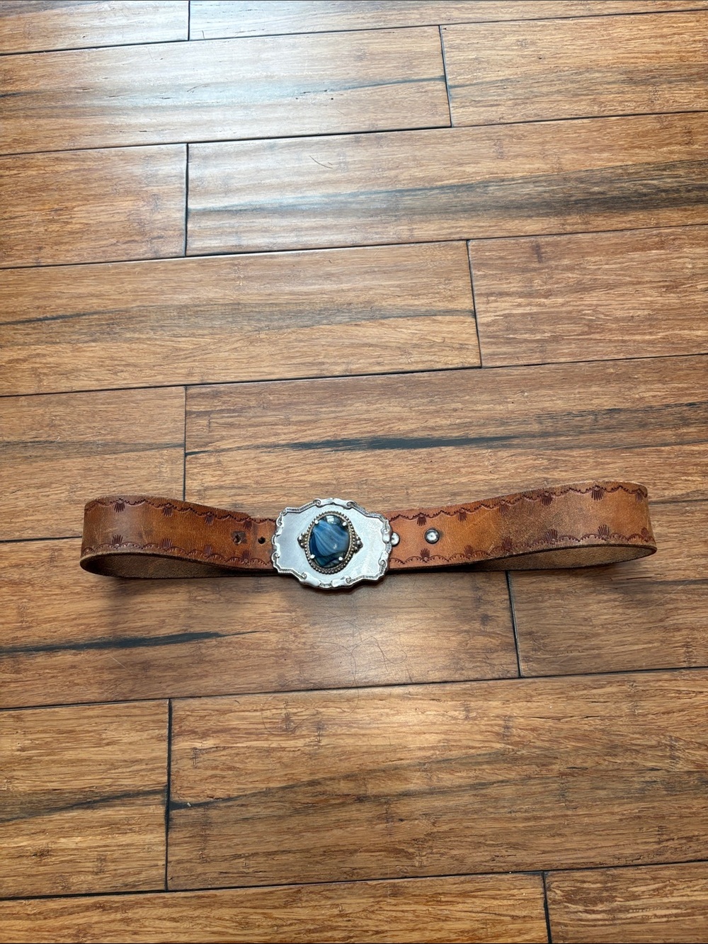 Vintage Western Cowboy Leather Belt Emerald Belt Buckle Bobby Total Length 42in